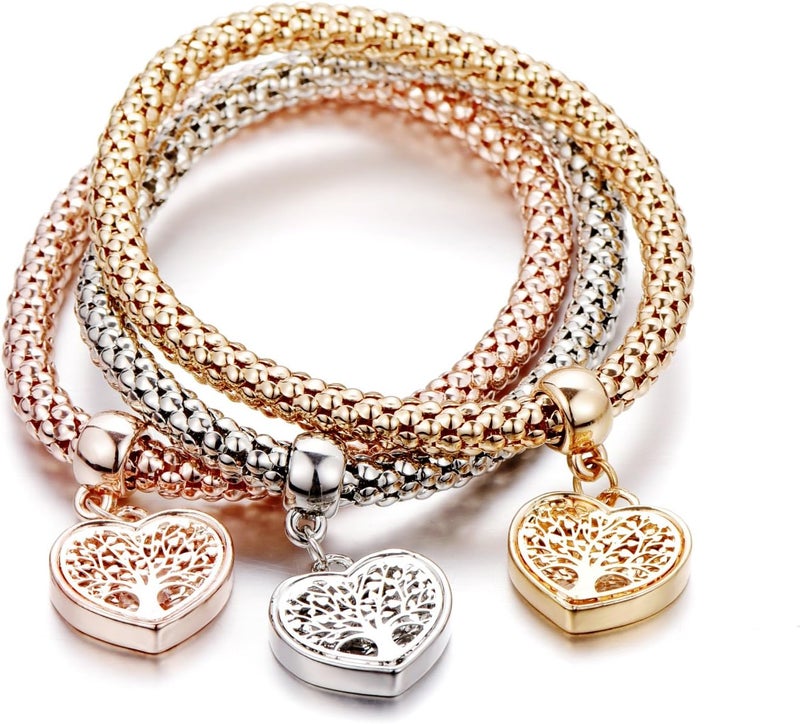 SILANER Crystal Charms Multilayer Bracelets - 3PCS Gold/Silver/Rose Gold Corn Chain Bracelet for Women, Tree of Life Heart Shaped Stretch Bracelet - Image 4